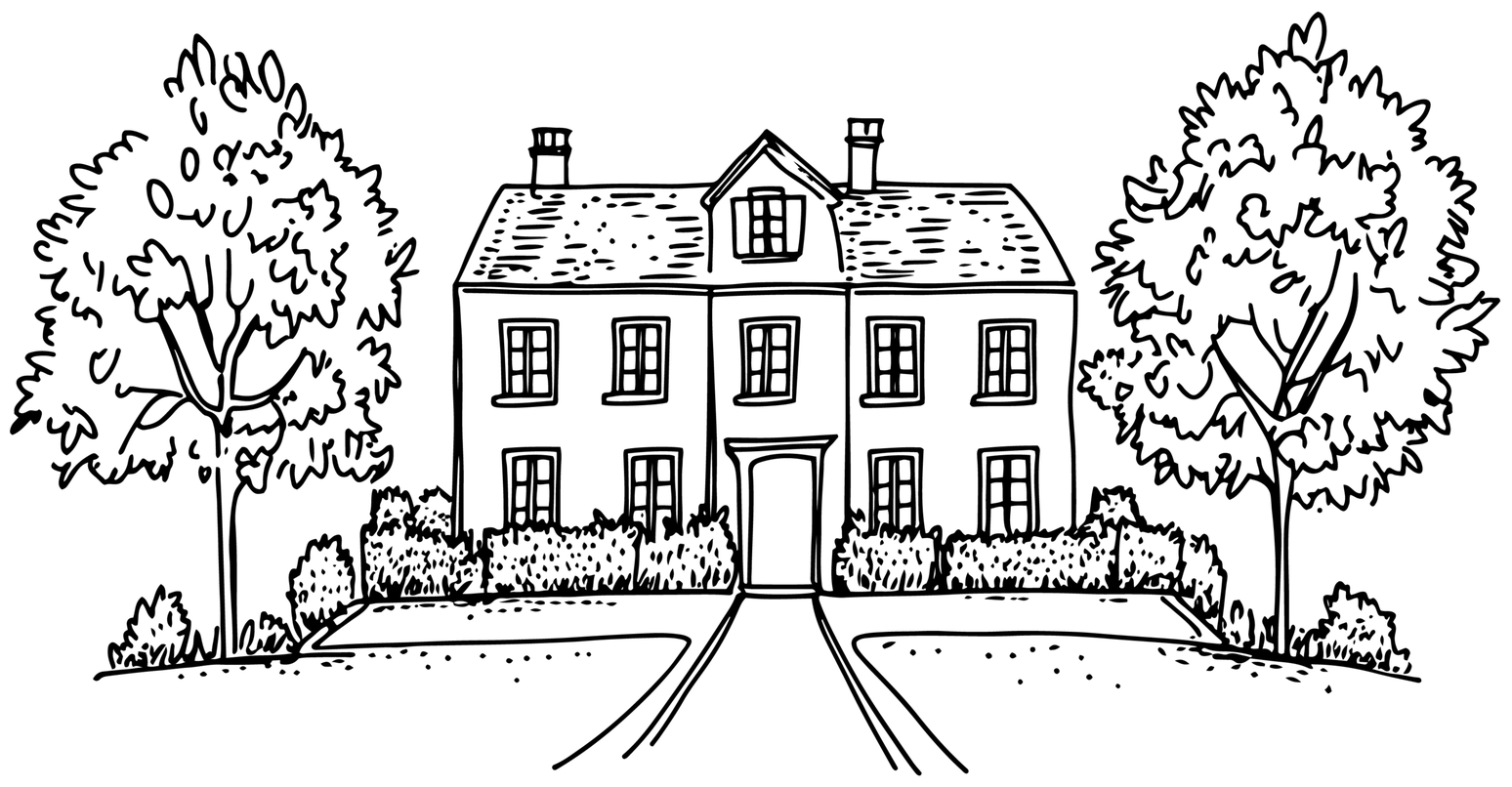Hand-drawn sketch of a classic two-storey manor home framed by mature trees